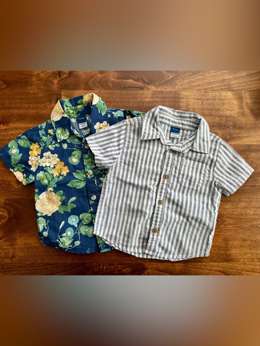 Bundle Old Navy Blue Floral & Coastal Stripe Button Down Shirts 6-12 Months